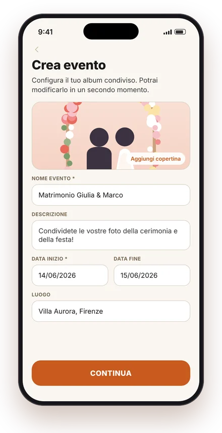 Creazione di un nuovo evento nell'app Atimora