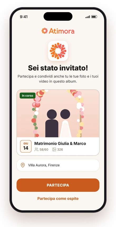 Schermata di invito per partecipare a un evento su Atimora