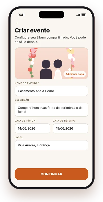 Criação de um novo evento no app Atimora