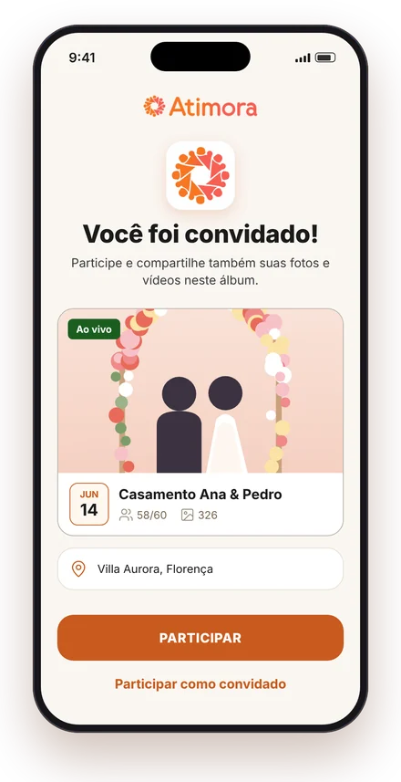 Tela de convite para participar de um evento no Atimora